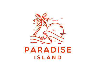 Paradise Island badge beach brand branding heaven holiday illustration island logo ocean palm paradise retro sea sun sunset tree vacation wave whale
