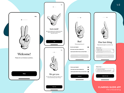 Climbing Guide app, the onboarding 1/3 bouldering illustration mobile onboarding rockclimbing sport terms of use ui ux