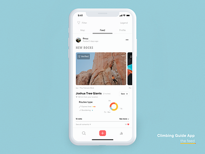 Climbing Guide app, the feed bouldering chart climbing donut chart feed guide ios mobile mockup mountains social app sport ui uiux ux