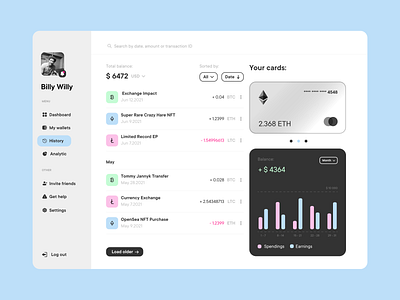 Billy's crypto wallet bank creditcard crypto cryptocurrency finances listview rwd sidemenu ui uiux ux wallet web
