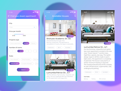 Rental App app design filters gradient design house ios iphone list page menu mobile rental ui