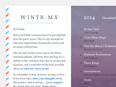 Wintr.mx christmas mix music new years playlist postcard serif vollkorn website winter