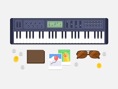 🎶🎹😎 aviators balloon coins illustration keyboard paw photos piano polaroid sunglasses synth wallet