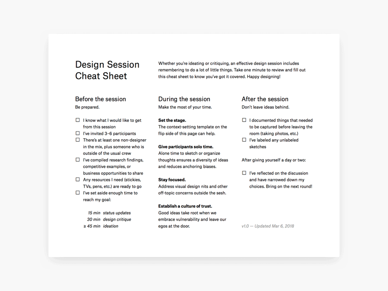 Design Session Cheat Sheet critique design thinking document feedback ideation print process product design