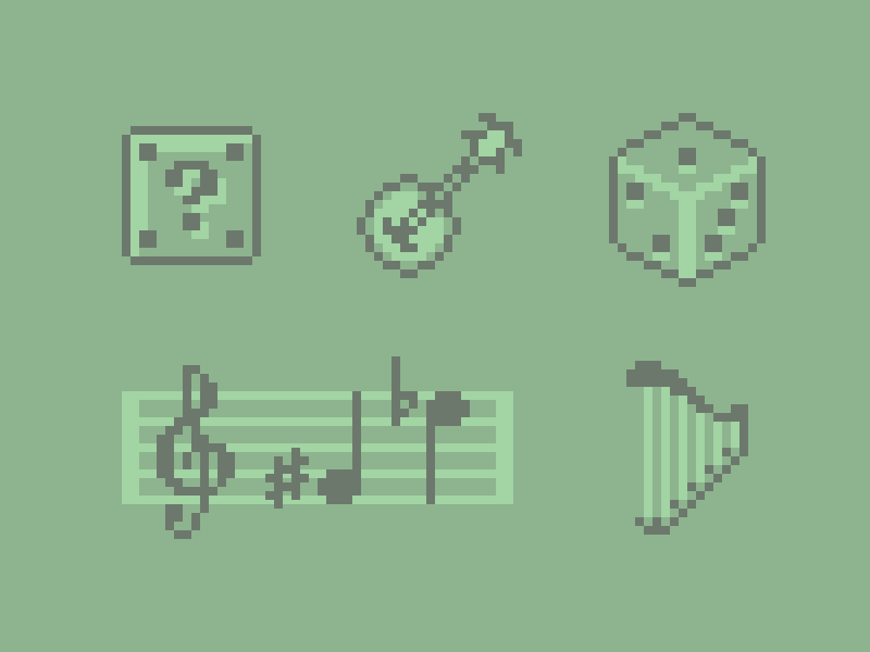 Banjos and dice and harps, oh my! banjo dice flat harp icons mario music music staff note pixel art question mark sharp treble clef