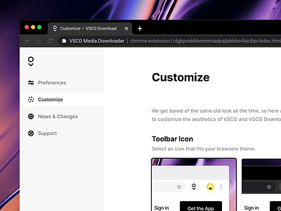 Options Page — VSCO Download chrome extension customize design icons navigation options settings simple web