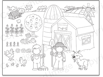 Farm scene coloring page apples barn carrots chicken farm farmer garden goat vegetables wind mill