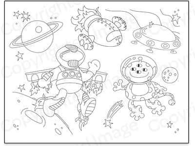 Space scene coloring page alien astronaut coloring page planets solar system space space ship