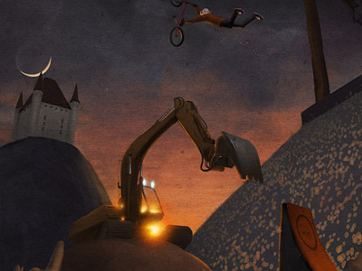 Poster Illustration progress bike castle dirt jump excavator illustration moon sunset
