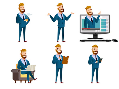 Businessman in various poses and act beard business businessman cartoon chair character character design gradient illustration illustrator illustrt male mascot online presentation successful suit vector vectorart