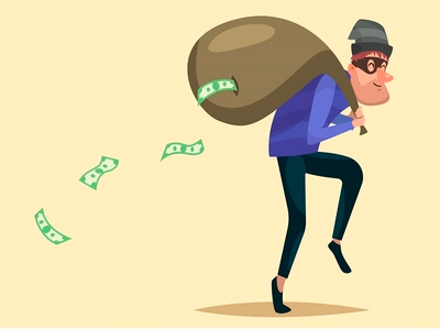 Cartoon character. Thief with a sack of money