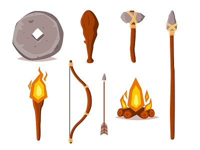 Stone age elements set in flat design style arrow bow cartoon fire flat illustration stone age torch vector weapon