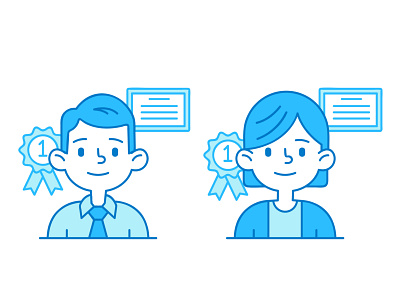 Employee avatars with diploma and award in flat linear style