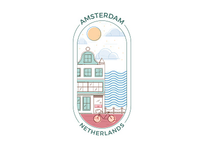 Amsterdam, Netherlands amsterdam badge city flat illustration. off set line line art simple