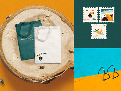 Tote Bags and Stamps | Toucan Shirt Co. beach behance brand design branding collateral geometric illustration green identity design logo design mockups tote bag toucan tropical typography yellow