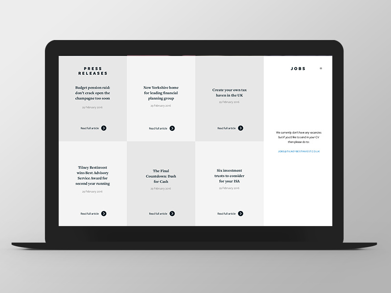 Tilney Bestinvest - Group Website Redesign redesign grey button finance grid news responsive ux ui
