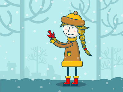 Girl With Bird bird girl illustration winter