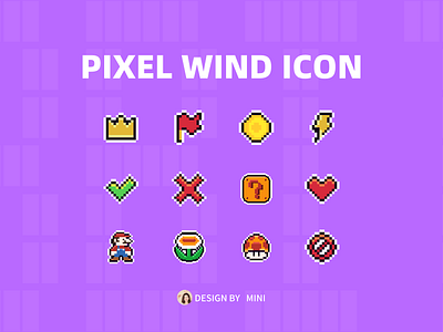 Pixel wind icon 像素风 图标 旗帜 正确 爱心 皇冠 禁止 花朵 蘑菇 金币 错误 闪电 问号 马里奥