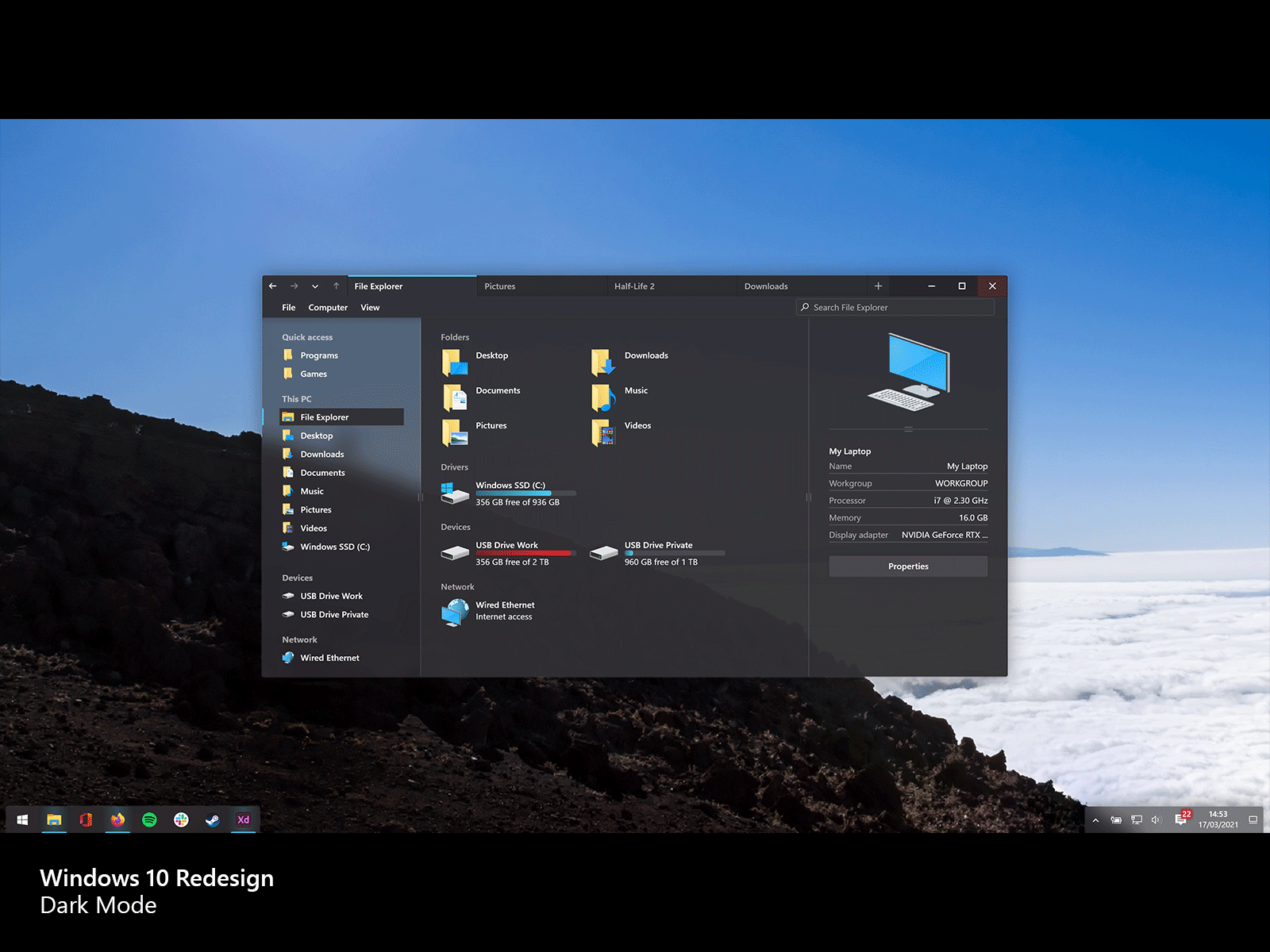 Windows 10 Redesign Dark/Light branding concept design interface modern redesign ui uiux ux windows 10 xd