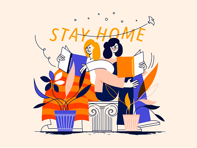 Stay home be happy covid 19 design female illustration minimal reading stayhome ui vector