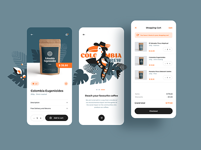 Colombia brew - mobile app design cart coffee design ecommerce ecommerce app ecommerce shop flat illustration mobile mobile app mobile ui ui ux
