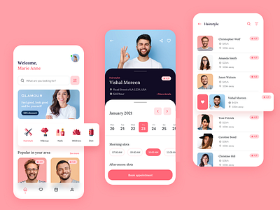 Beauty app - mobile app appointment beauty design flat haircut hairstyle icon icon design makeup minimal mobile app mobile ui modern navigation bar pink search bar slider tapbar ui ux