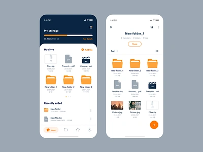 File manager - mobile app app drive fab file folder icon manager minimalistic mobile navigation slider storage swipe ui ux
