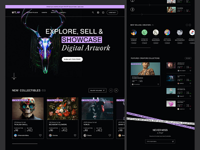 NFT marketplace - website 3d arrow art artwork blockchain card concept dark darkmode digital gallery illustartion marketplace mode money newsletter nft raw ui website