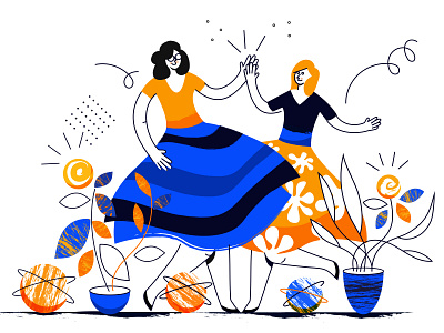 Dancing queens character characterdesign dancers design drawing female illustration minimal plants procreate ui vector