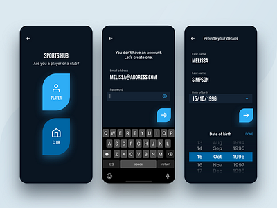 Sports Hub - Sign Up Flow app design blue blue app club dark darkmode input field iphonex login onboarding onboarding ui player profile recruitment signupform sing up sports text field type uxui