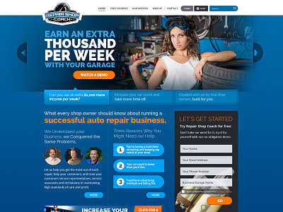 Homepage Concept for RepairShopCoach.com automotive blue photoshop