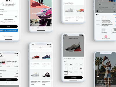 Shopping for Trainers app appdesign checkout design grey minimal mobile nike product shoes shopping shopping app sports streetwear trainers ui ux white