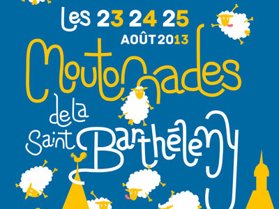 Les Moutonnades de la Saint Barthélemy affiche blue event illustration moutons sheeps yellow événement