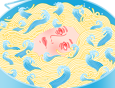 A Watched Pot Never Boils boil cooking digital illustration editorial food illustration noodles portrait ramen water waves