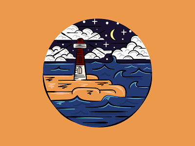 Starry Night Ocean art design illustration illustrator lighthouse logo tide vector wave