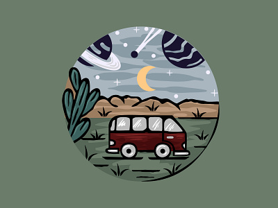 Under the Planets adventure art cactus camp camper camping desert design illustration illustrator journey landscape logo night planets starry trip vector vehicle