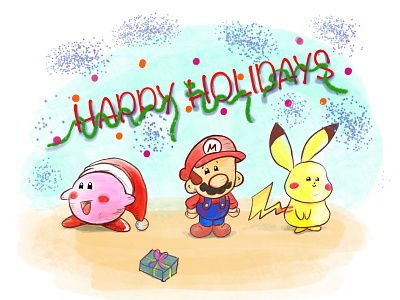 Happy Holiday's from Kirby, Mario & Pikachu draw illustration ipad art ipad pro kirby nintendo pikachu procreate super smash bros