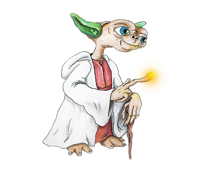 E.T. dressed as Yoda alien aliens color pencil cosplay e.t. halloween illustration ink pen markers monster sketch star wars the force trick or treat yoda