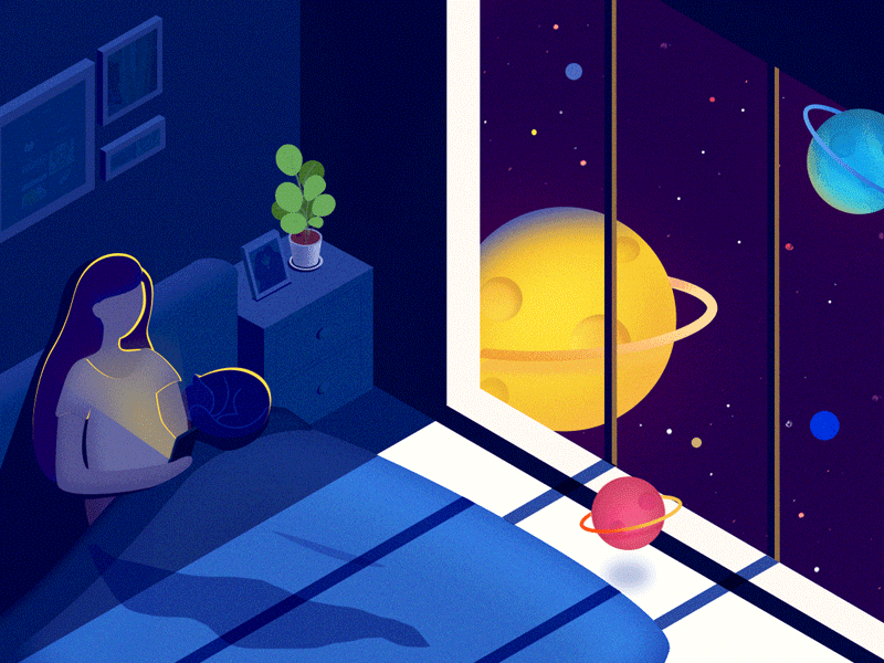 My life-Good night 2.5d botany cat color dynamic effect girl illustration isometric lonely night outside quilt space star starry sky window