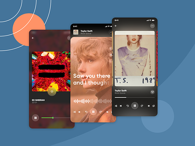 Music Player App applemusic cards colors gradients lyrics mobile motion music music player pause play productdesign share spotify sync taylorswift typography words