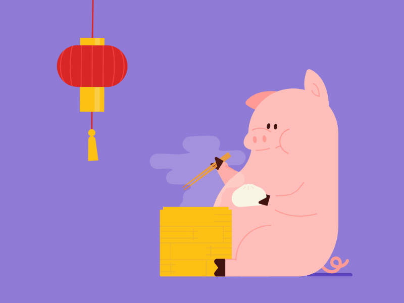 Piggin' Out 2d after effects aftereffects character characters chinese cycle design dim sum dime dimsum duik gif happy illustration illustrator loop new year pig vector