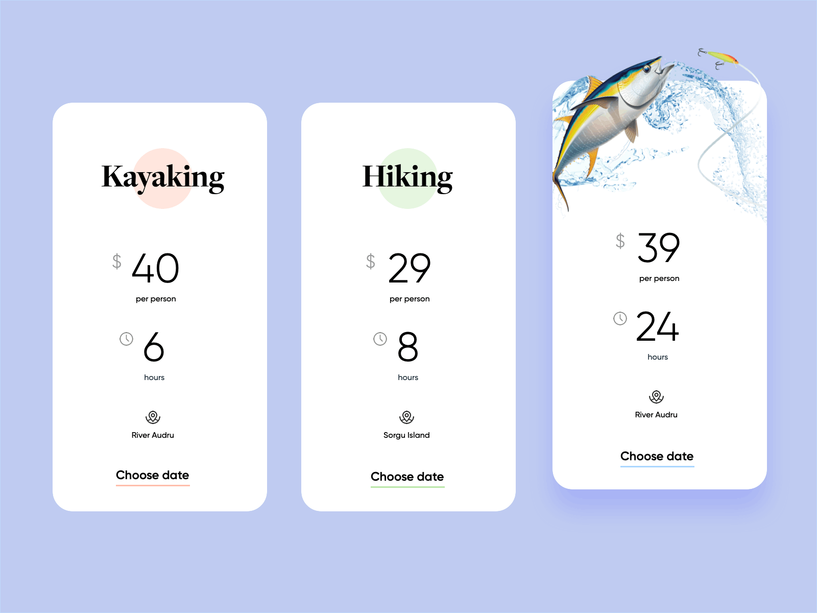 Tourism Plans animation cards design fishing hiking interaction kayaking plans principle site ui web webdesign