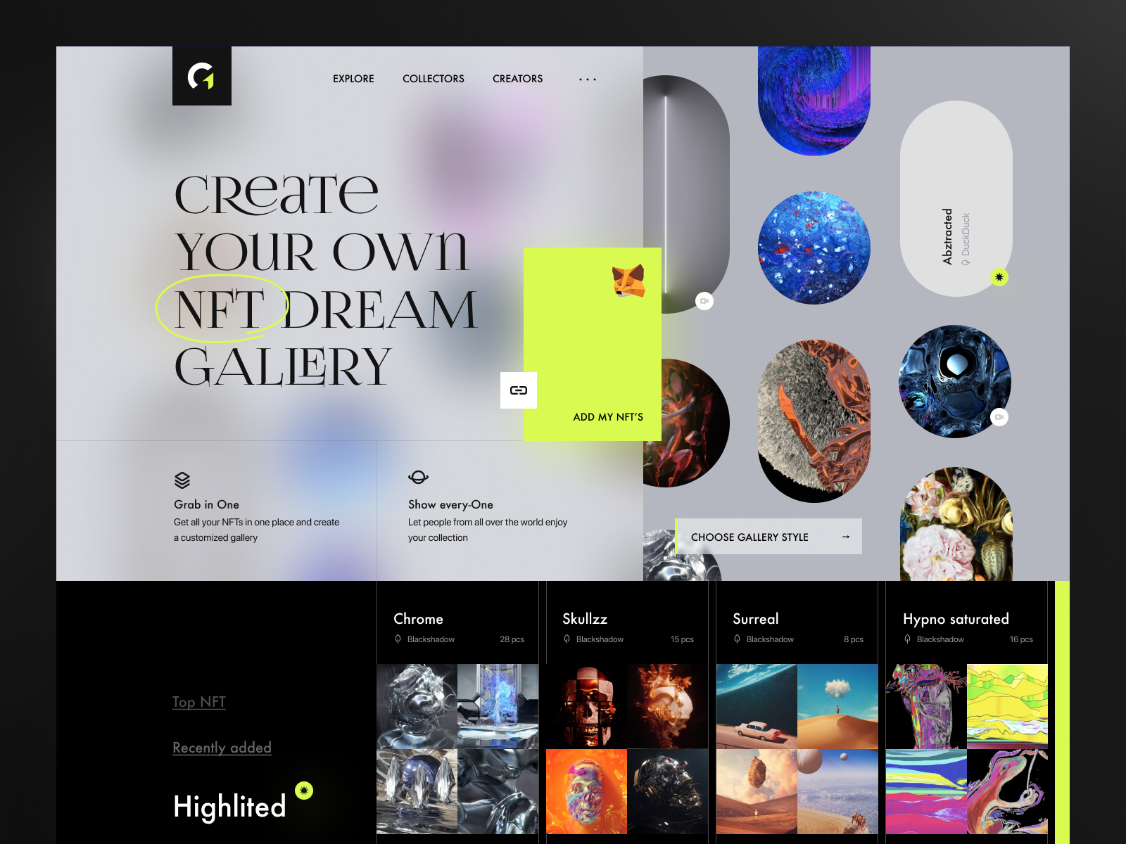 Gallery One art binance blockchain crypto cryptoart cryptocurrency dark ethereum gallery modern nem neon nft platform ui web