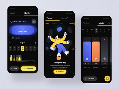 Be productive 🔥 app application dark design manager mobile productivity results task to-do ui ui design yellow
