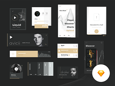 Music Platform Ui Kit 2018 app download elements free freebie gui minimalistic mobile music sketch ui