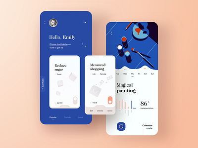 Habits Tracker App app blue cards concept habit habits mobile modern paintings personal tracker ui