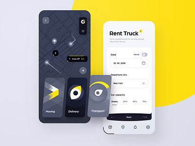 Moving Truck Rentals app car cards dark delivery design gui map mobile moving order rent truck ui