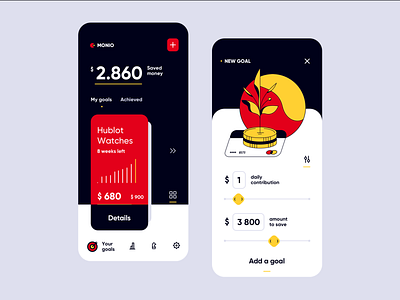 Savings App bank card contrast daily dark finance goal illustration interface light mobile money savings switch ui