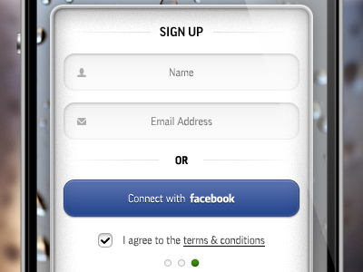 Sign up app application button checkbox conditions elements facebook field indicator interface iphone mobile phone sign up terms ui