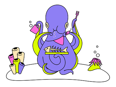 Ronnie the Octopus finished his dinner art cartoon character dinner fish graphic design illustration illustrator octopus sealife underthesea vector